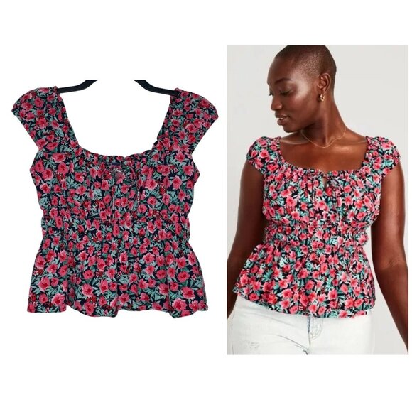 Old Navy Womens Tie-Front Smocked Top Size Medium Floral Cap Sleeves Elastic - Picture 1 of 8